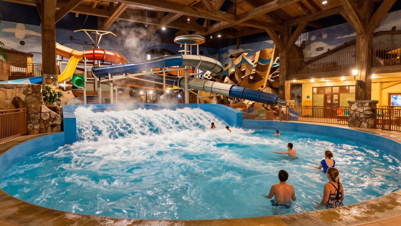 Families enjoying the indoor wave pool at Great Wolf Lodge resort
