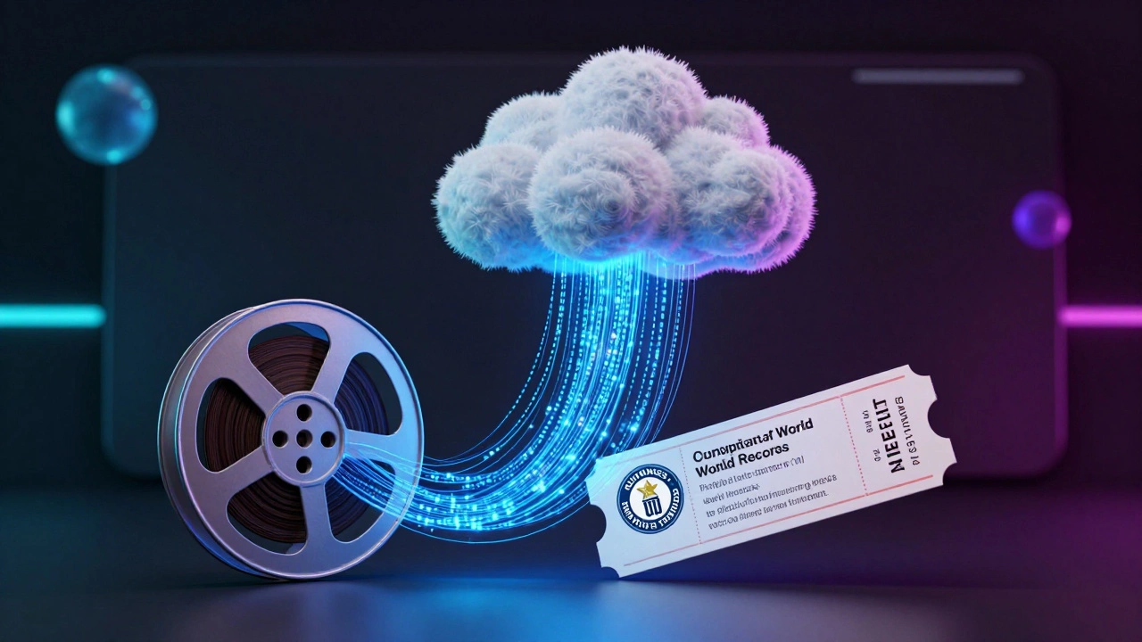Film reels dissolving into digital data streams, symbolizing streaming vs traditional records.