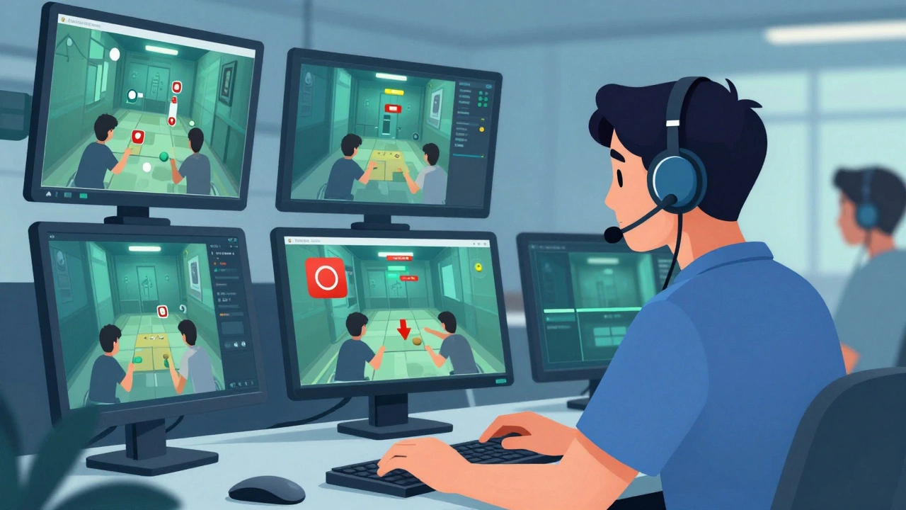 Game master monitoring players via video screens in a secure control center.