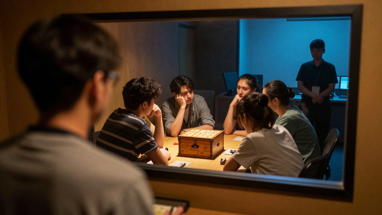Game master observing players through a two-way mirror in a control room.