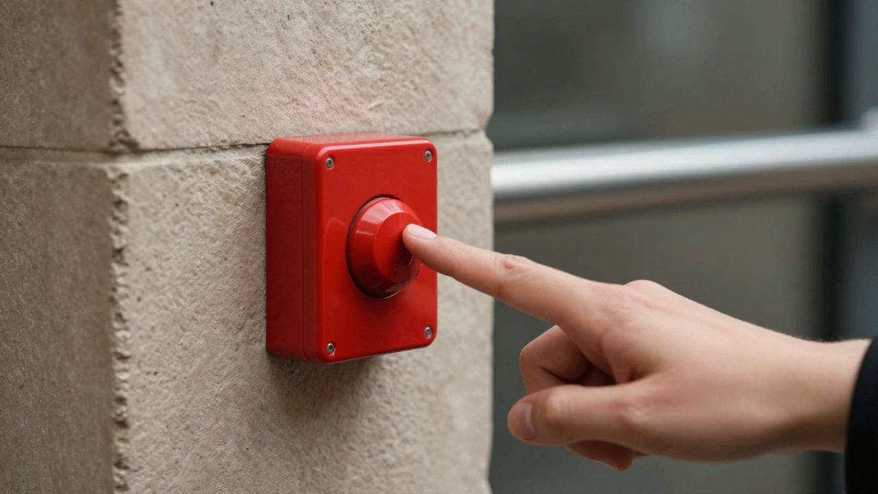 Hand pressing a red panic button near a metal crash bar exit.