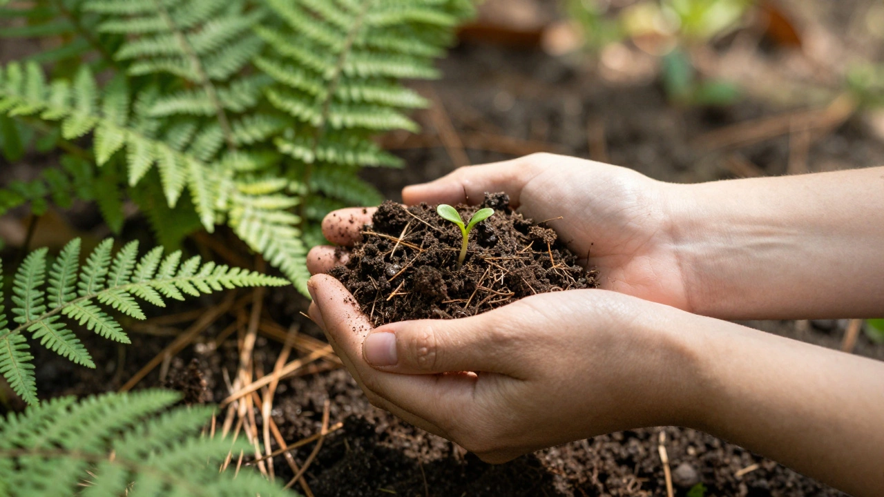 Hands holding soil and sprouts, symbolizing tactile nature connection.