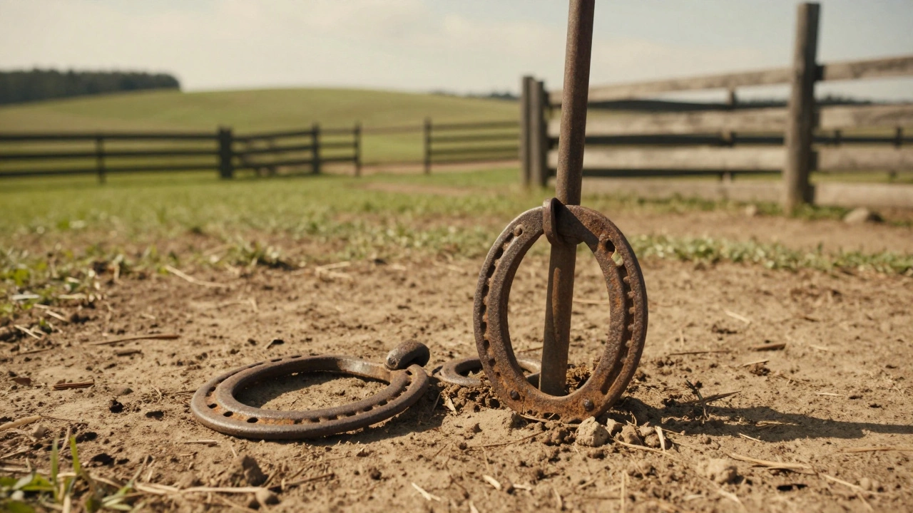 Horseshoes landing near stake in rural dirt pit