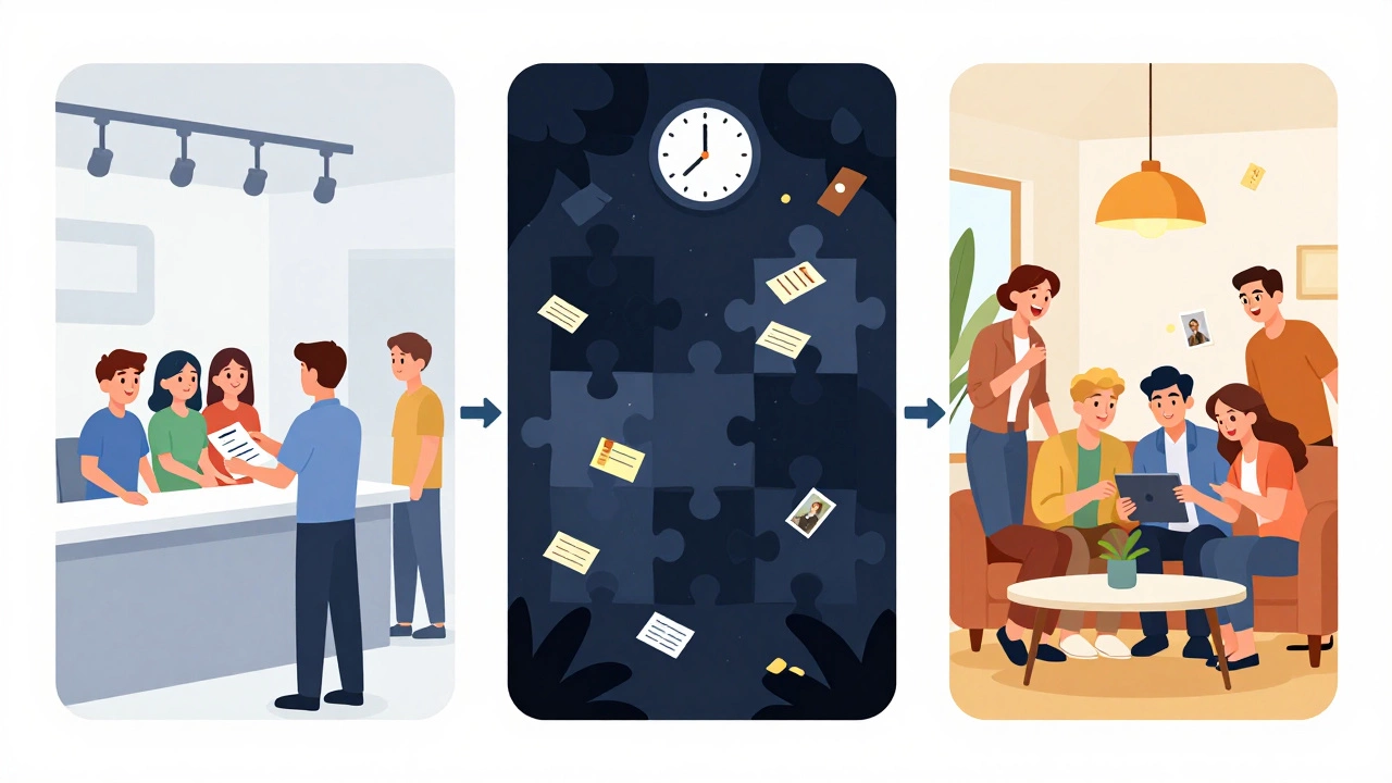 Illustration of escape room phases: briefing, game, debrief
