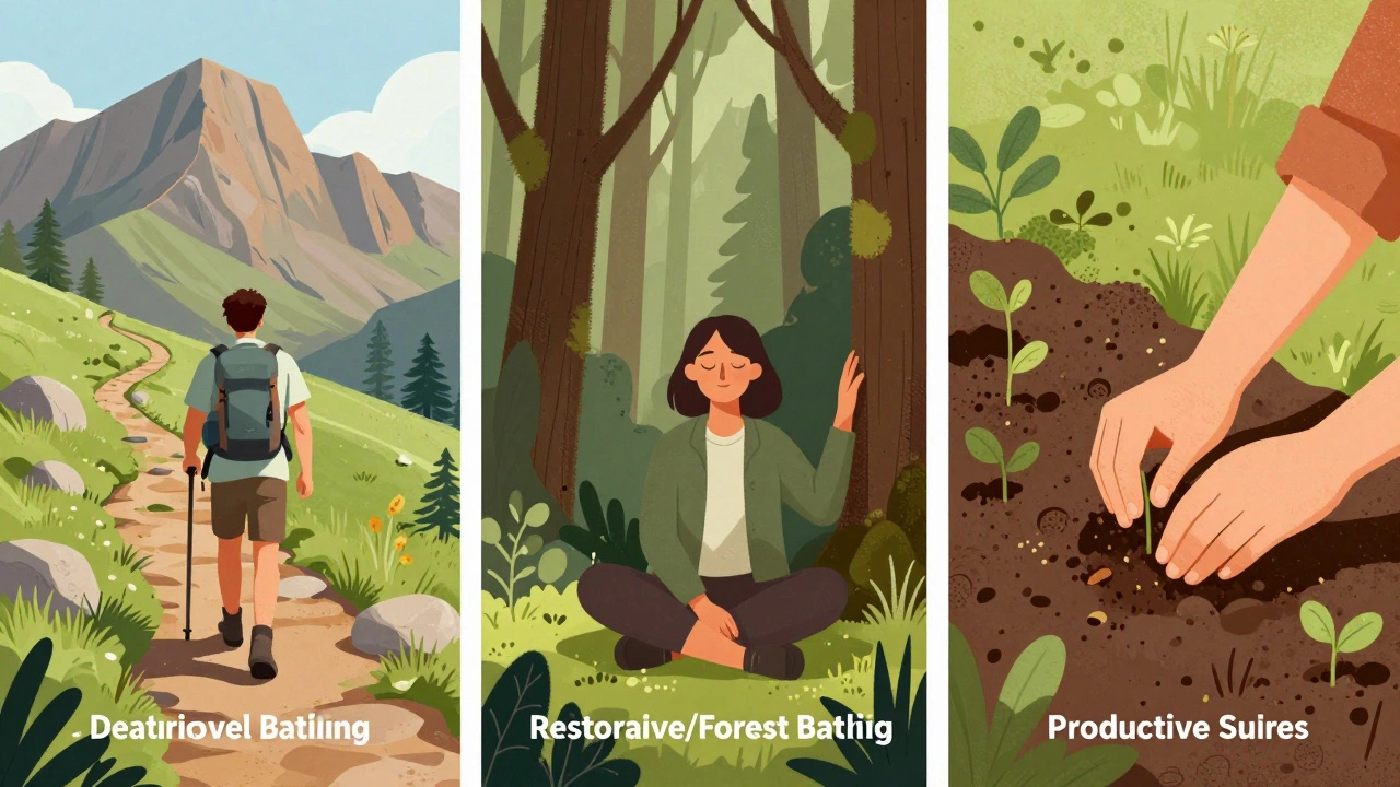 Illustration showing hiking, forest bathing, and gardening activities.