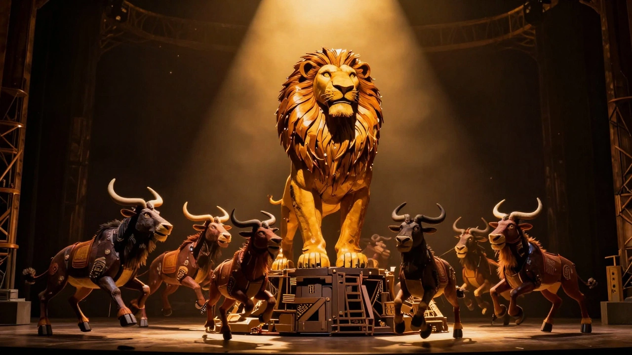 Majestic lion puppet rising on stage during The Lion King musical performance.