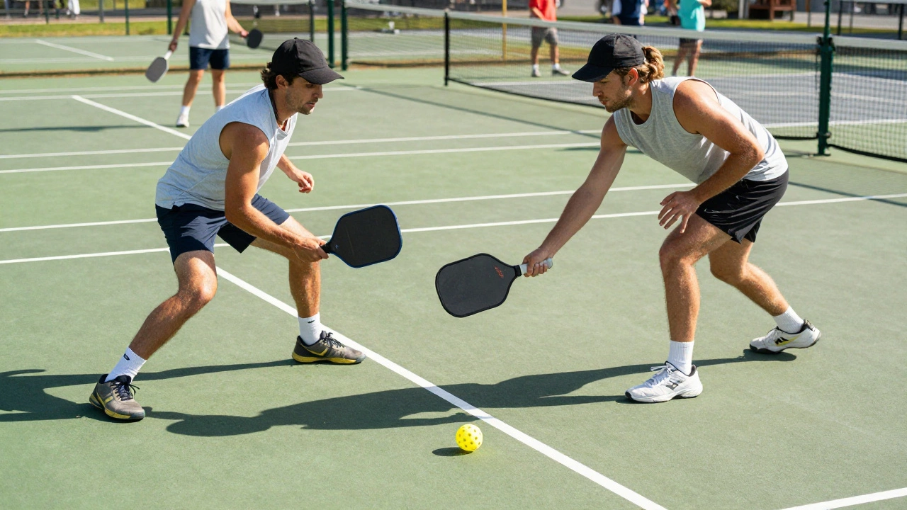 Players competing in a fast-paced pickleball match