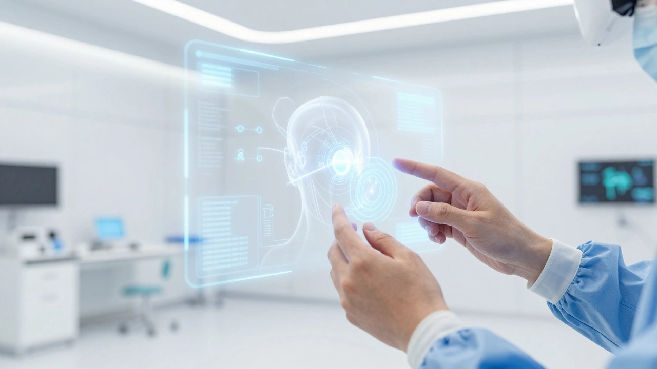 Surgeon practicing skills in a holographic VR simulation
