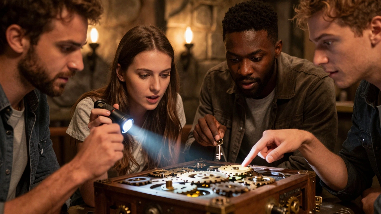 Team solving a complex puzzle together in an escape room