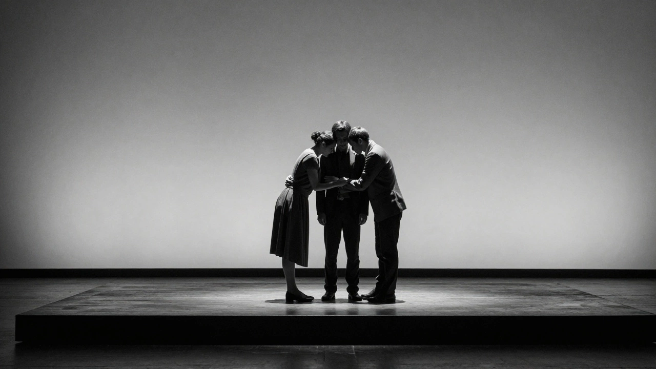 Three actors performing an intimate scene on a minimalist dark stage