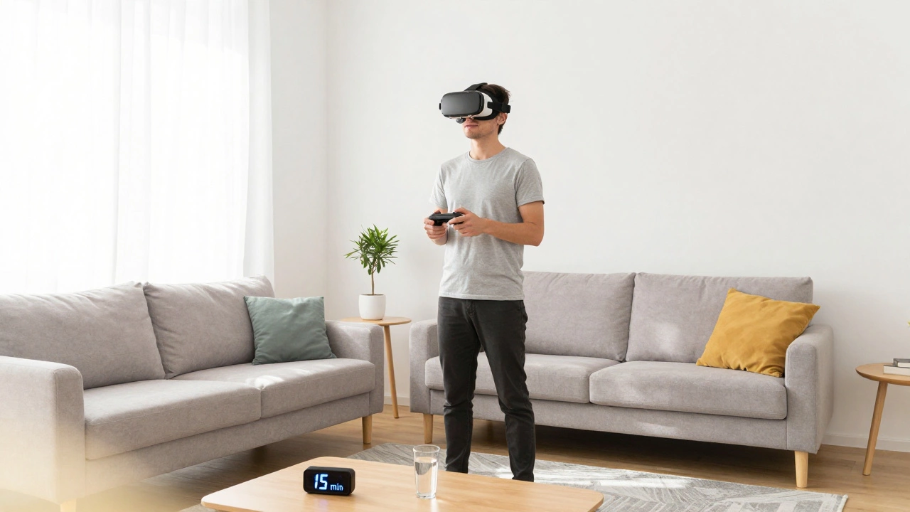 User playing VR in a well-lit room with comfort settings