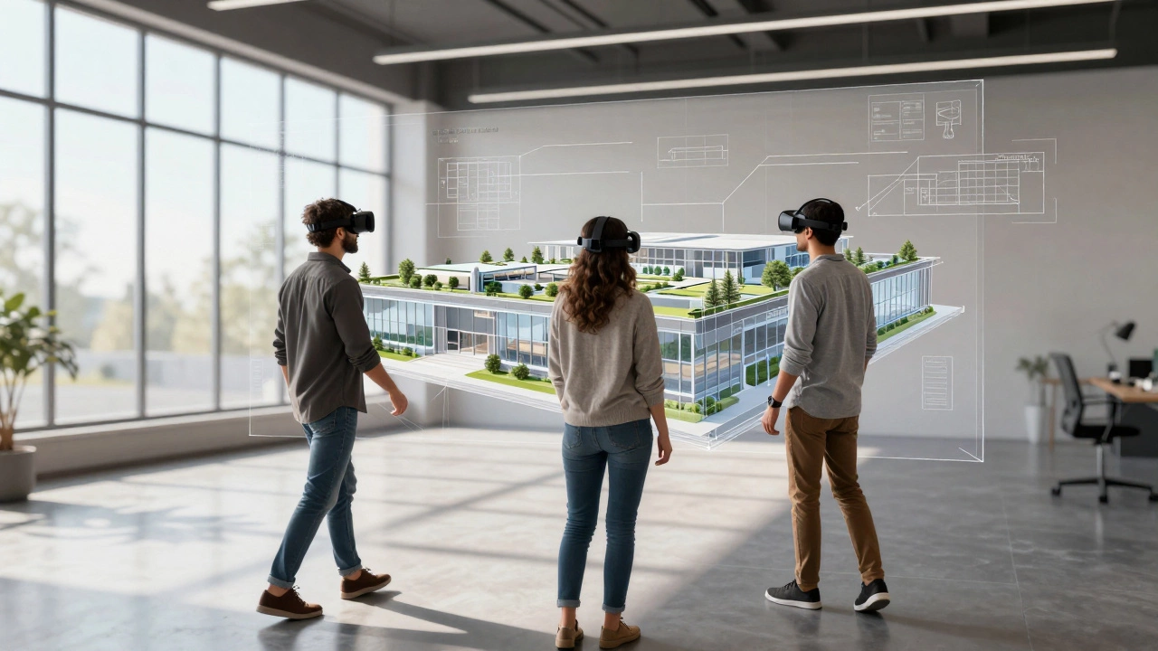 Architects collaborating in VR to review a 3D building model in a studio