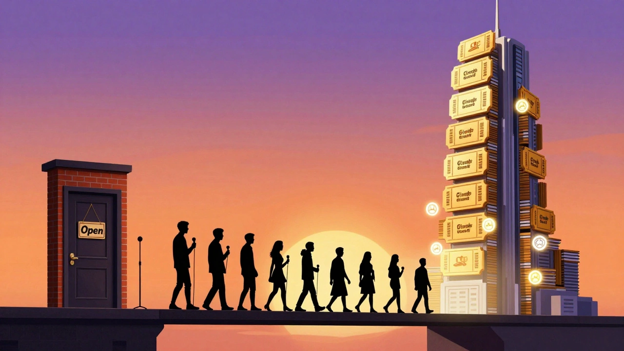 Conceptual art showing transition from comedy clubs to digital empires