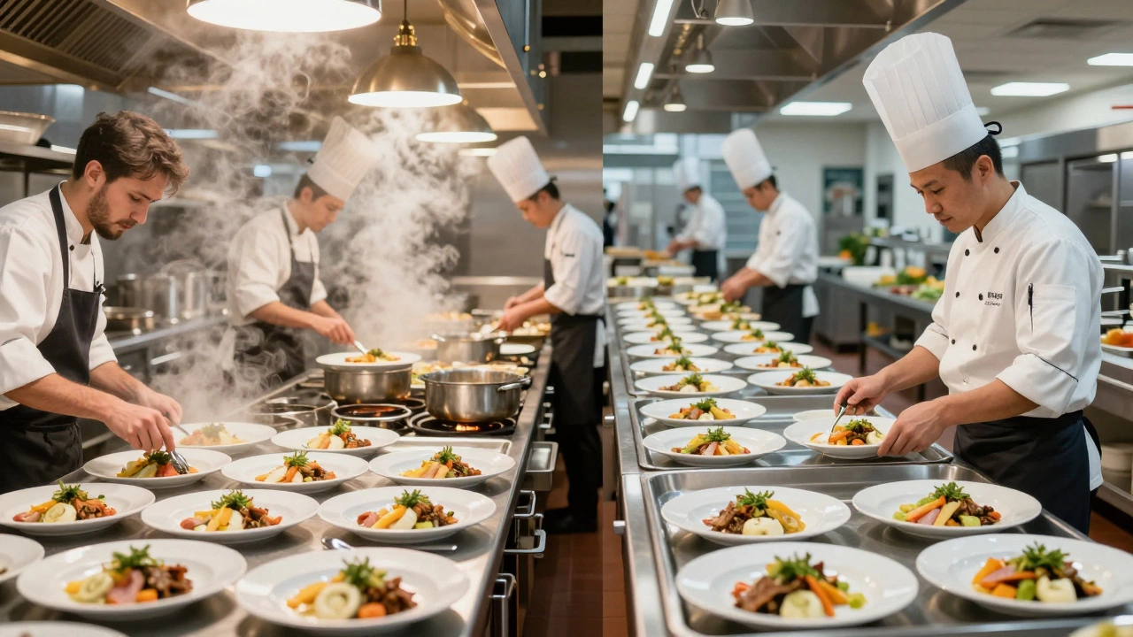 Contrast between chaotic restaurant kitchen and calm institutional service