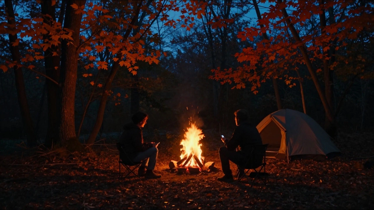 Cozy campfire scene in an autumn forest clearing