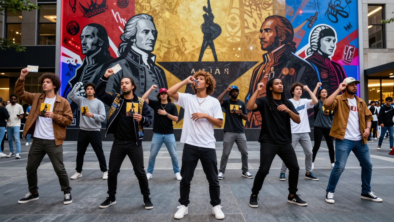Diverse crowd celebrating Hamilton with graffiti mural in background