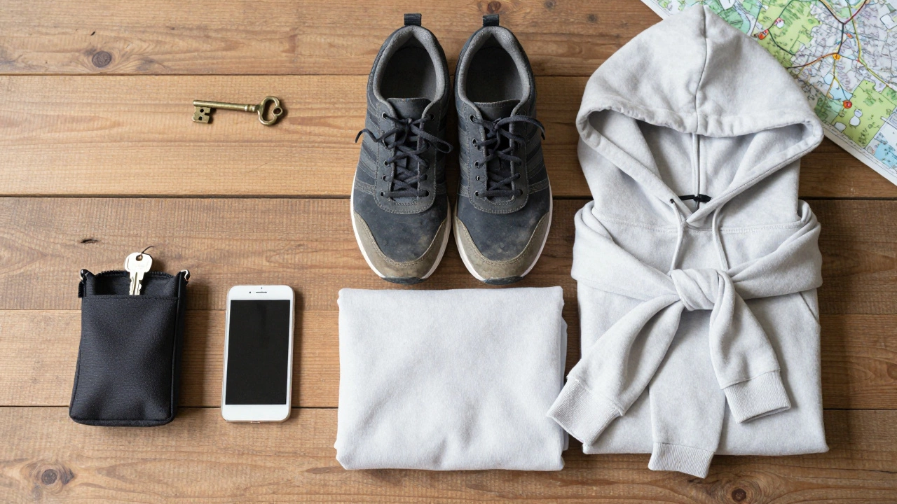 Essential escape room gear: dark sneakers, hoodie, and small pouch on wood
