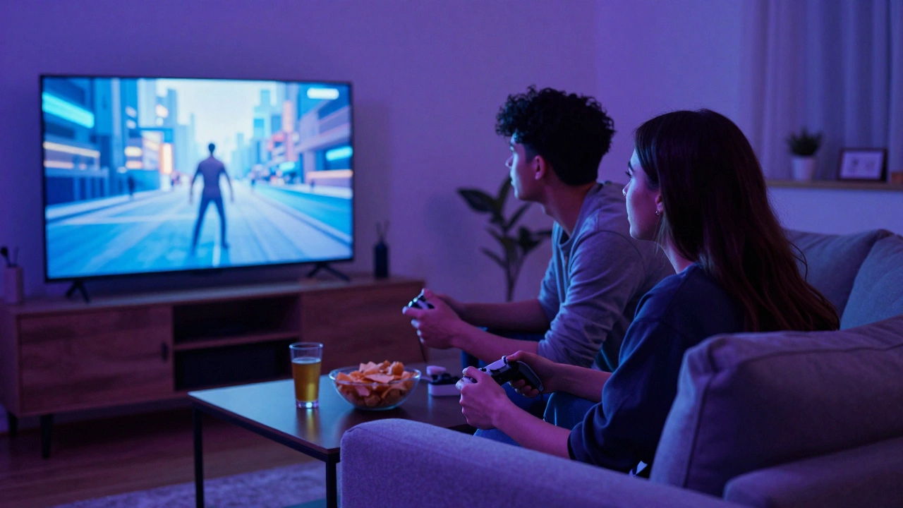 Friends playing video games together on a couch in a dimly lit room
