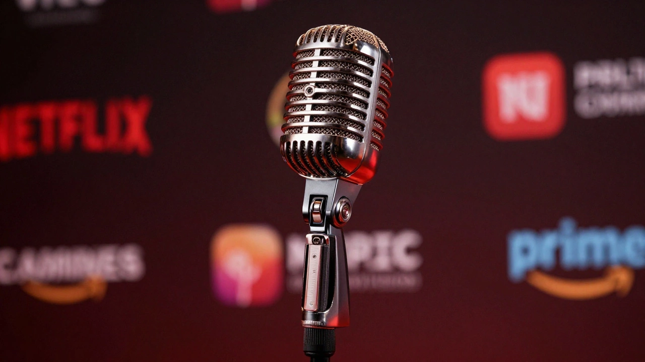 Gleaming microphone with abstract streaming logo lights in background