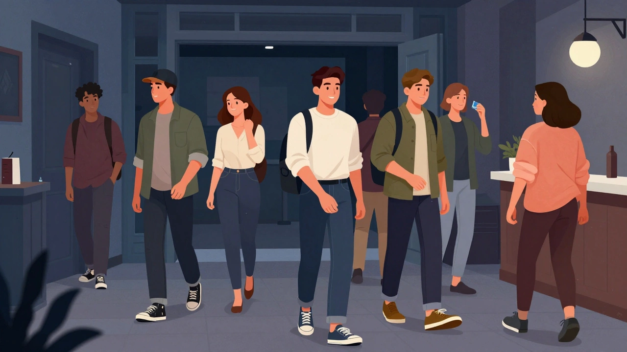 Group of friends in comfortable clothes ready to enter an escape room