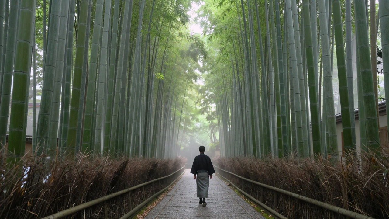 Misty bamboo grove path in Kyoto, Japan