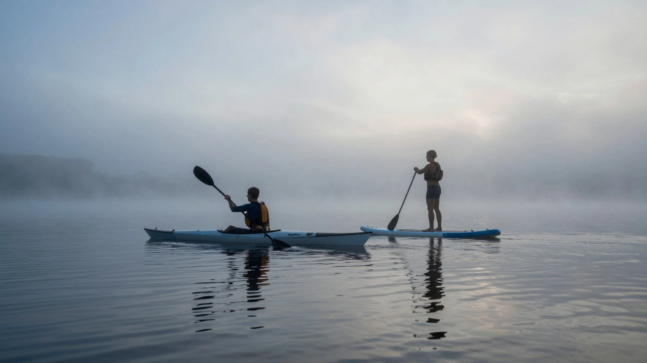 People kayaking and paddleboarding on a misty lake