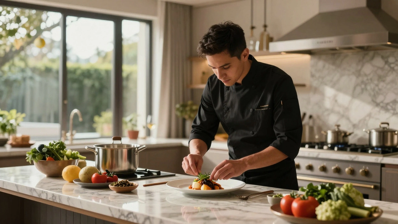 Private chef preparing gourmet food in a luxurious home kitchen