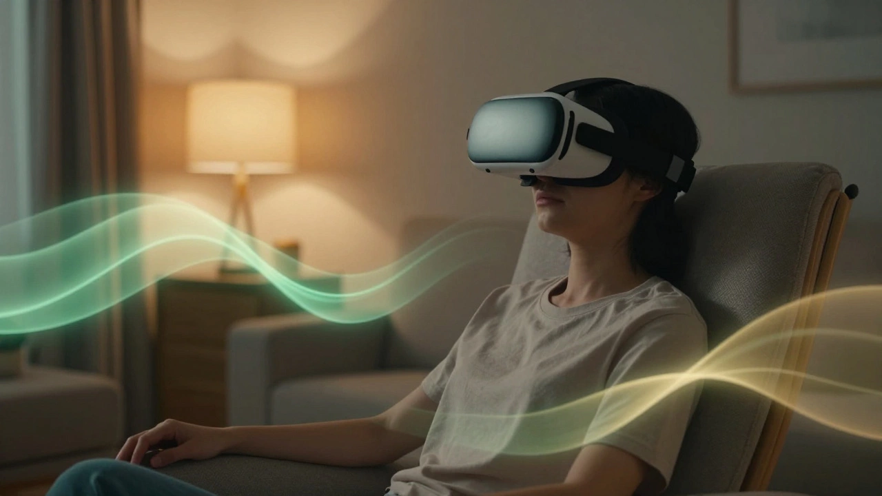 Relaxed person using VR for meditation in a warm, calm living room.