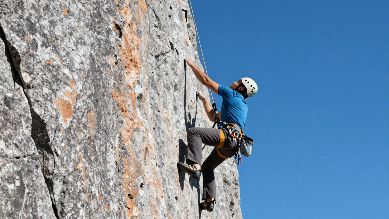 Rock climber ascending a steep cliff face with safety gear