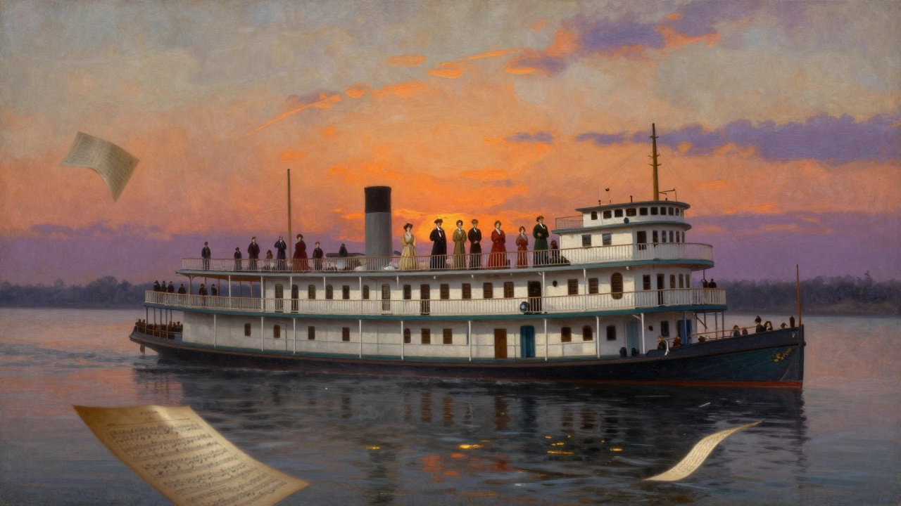 Show Boat paddle steamer on the river at sunset with actors on deck