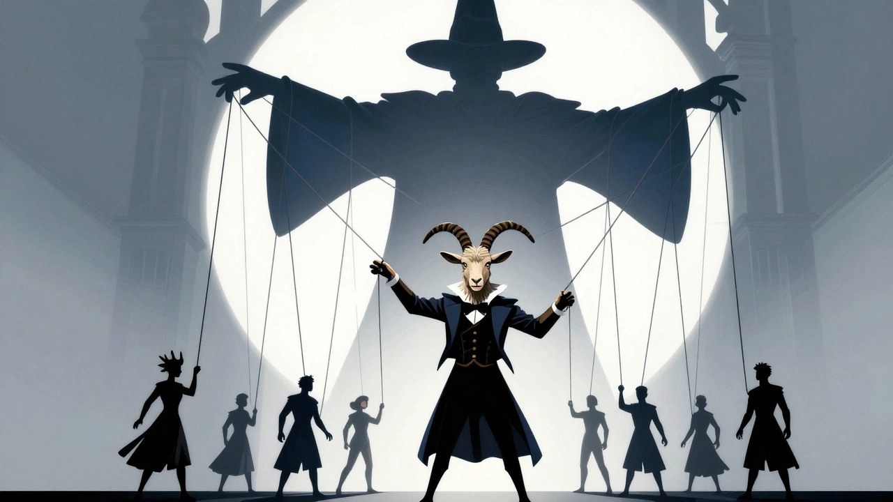 Symbolic illustration of the Wizard controlling others while a goat resists