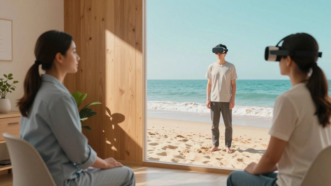 Therapist and patient in VR exposure therapy transitioning to a calm beach