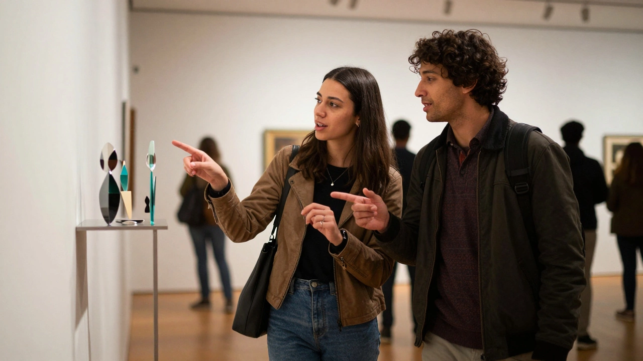 Two friends discussing an interactive sculpture during a social visit to an art exhibition