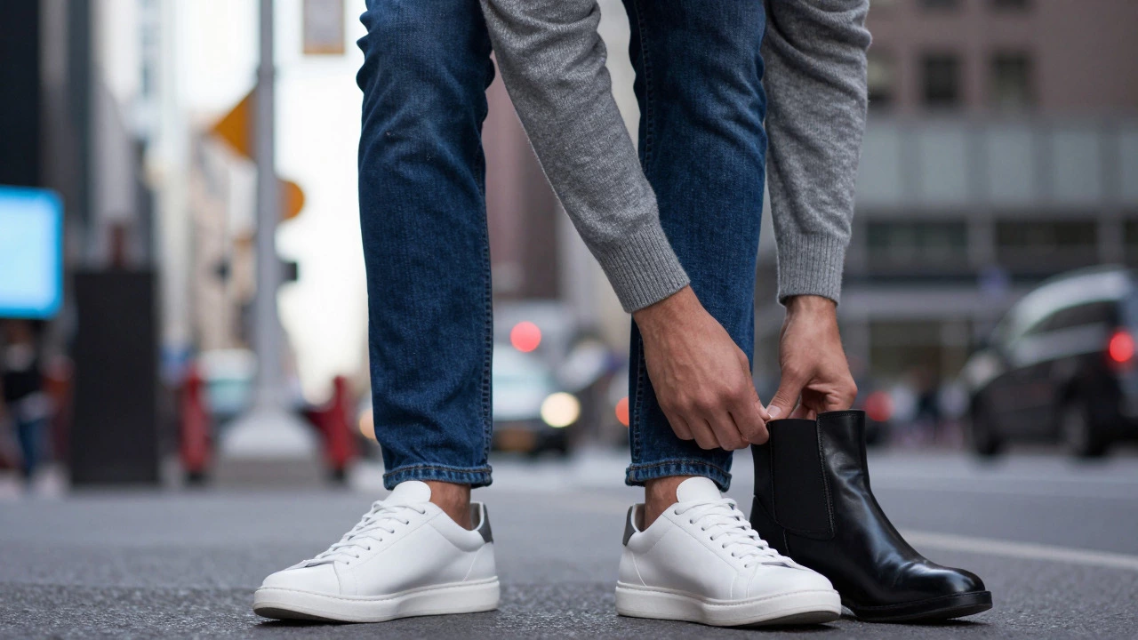 A detailed fashion close-up showcasing appropriate Broadway outfit elements: clean dark jeans, a textured sweater, and sleek footwear, highlighting the balance between comfort and sophistication.