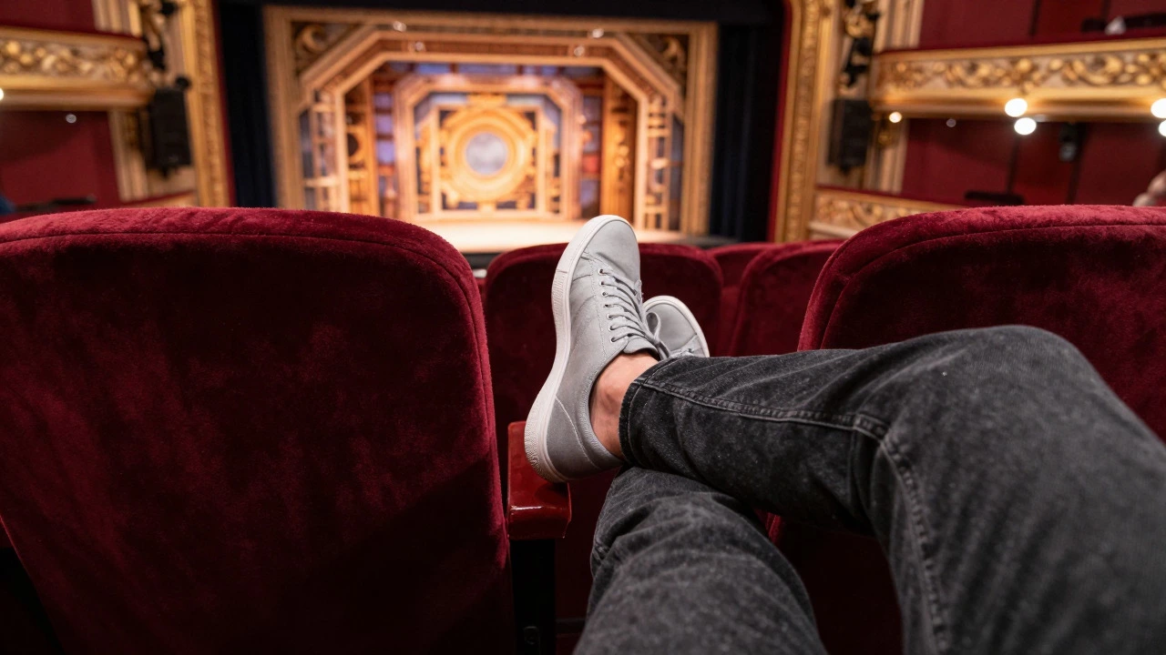 Audience member wearing clean sneakers in a Broadway theater