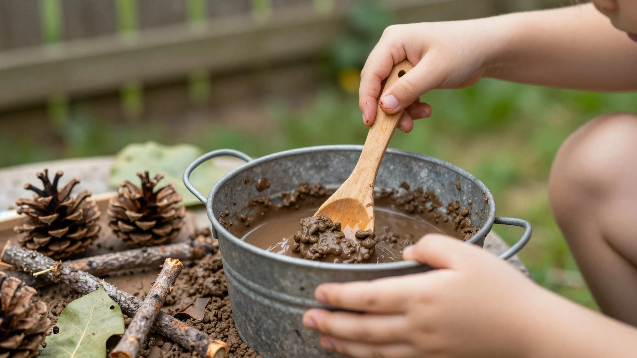 Child mixing mud and water in an outdoor kitchen