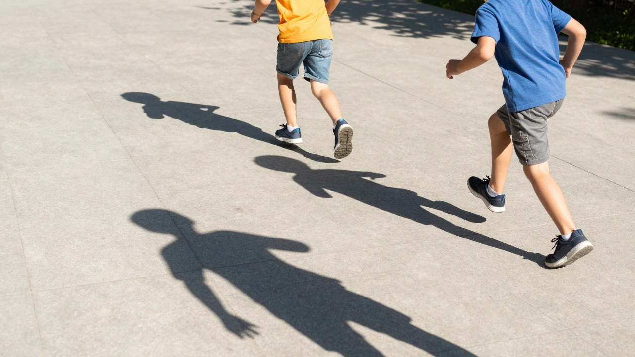 Children playing shadow tag on a sunny paved area