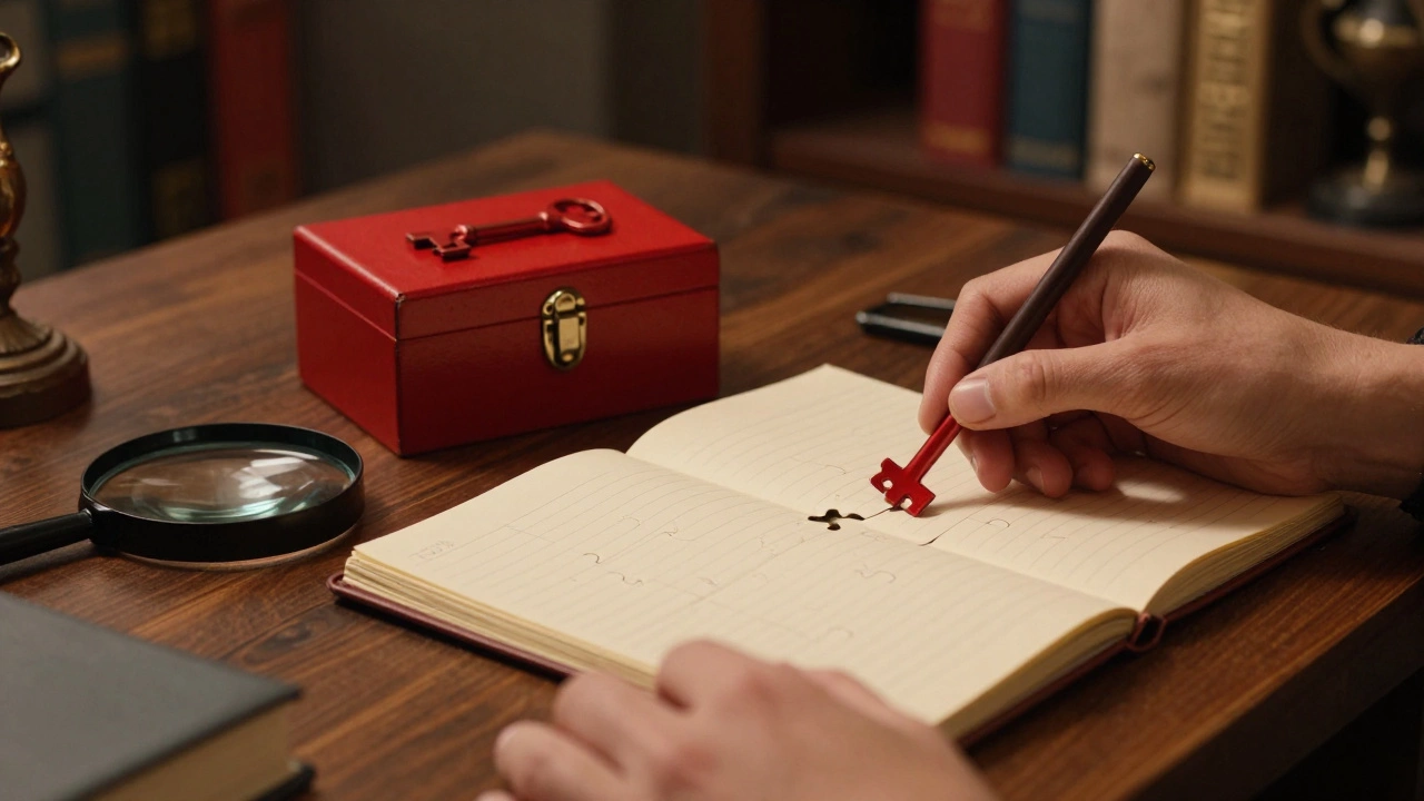 Close-up of a simple puzzle with a red key and lockbox on a desk