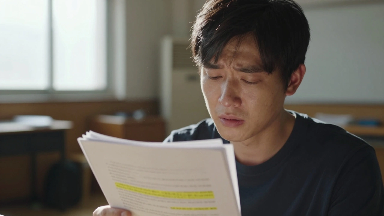 Close up of actor studying script with intense emotional focus