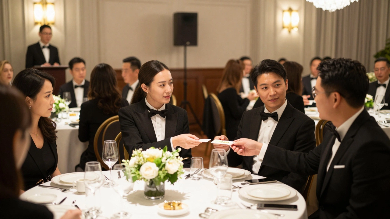 Elegant black-tie gala dinner with networking professionals