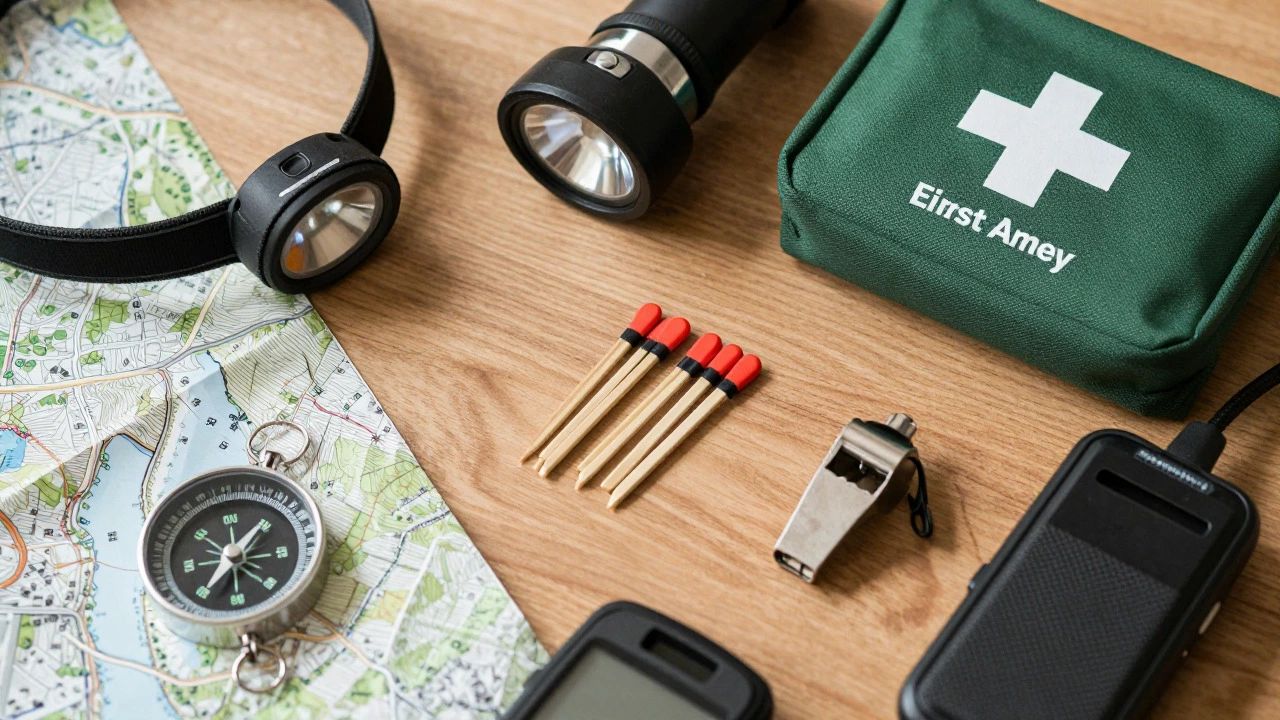 Essential hiking safety gear laid out on a wooden table