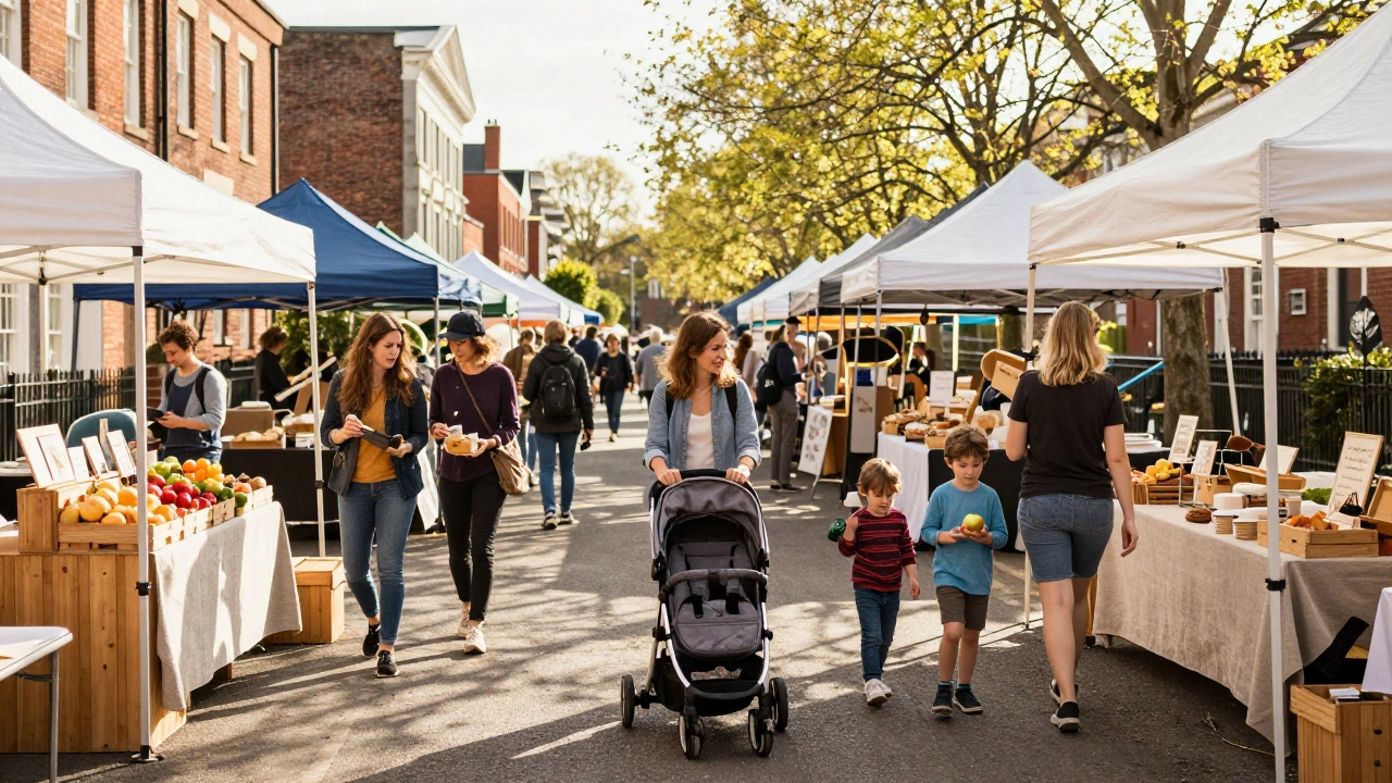Families browsing fresh produce and treats at the Armstrong Park Farmer's Market