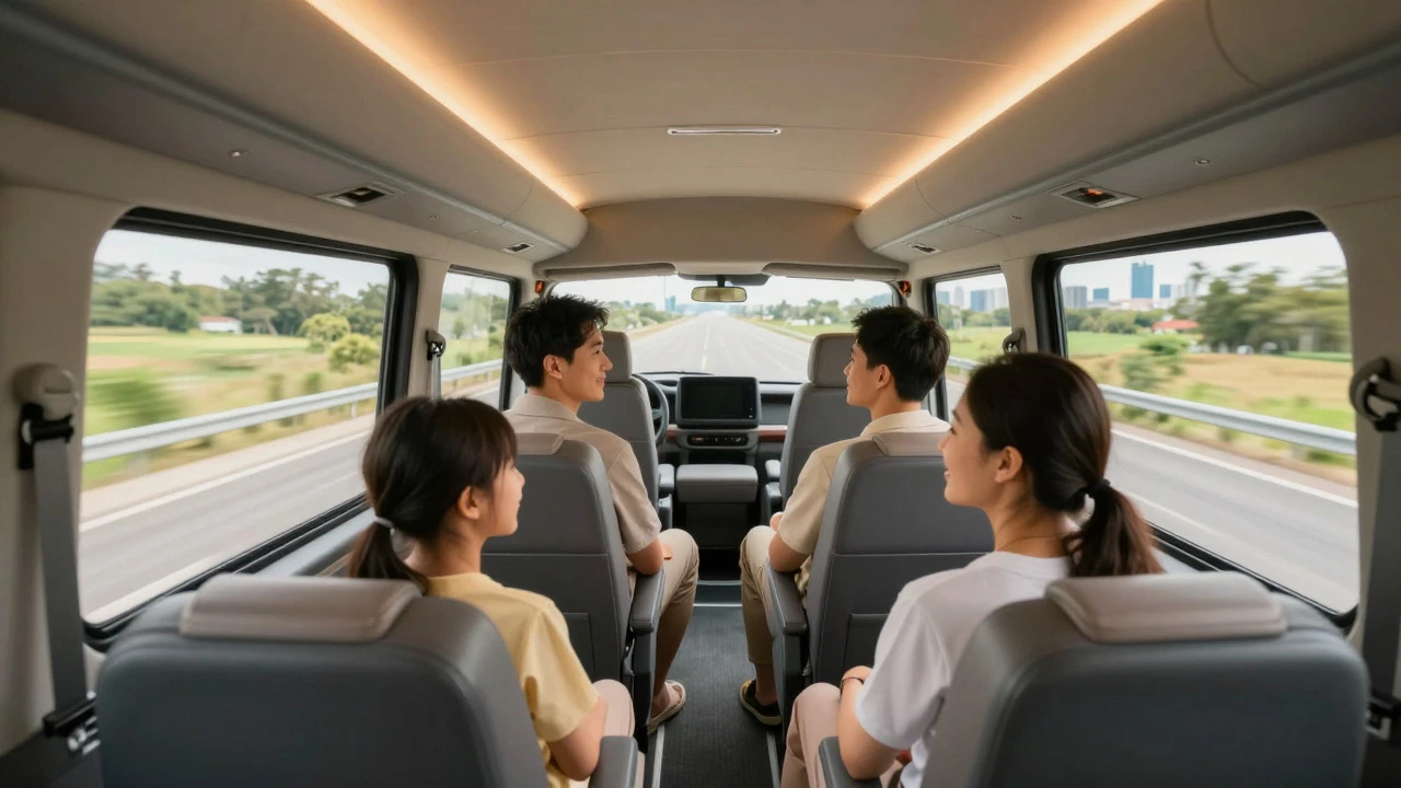 Family relaxing in private tour van window