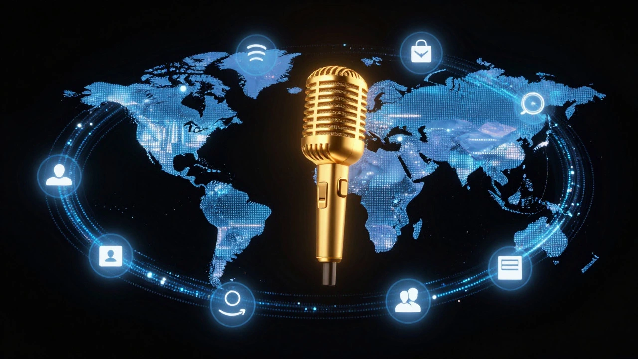 Glowing microphone connected by data streams across a globe