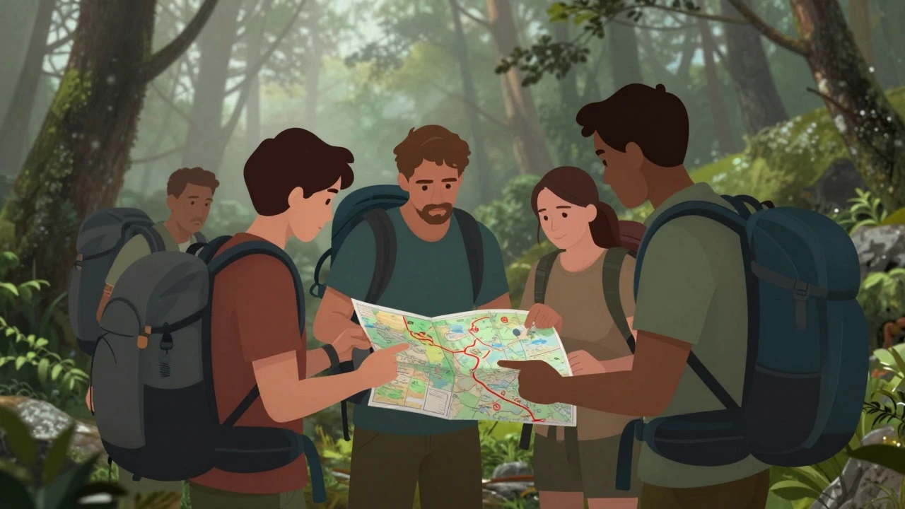 Group of hikers consulting a map in a foggy forest