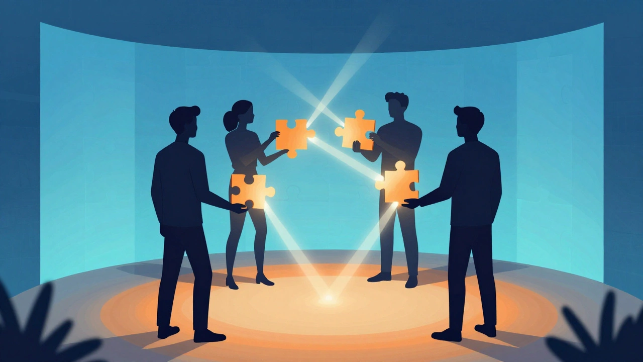 Illustration of four people collaborating to solve a puzzle together