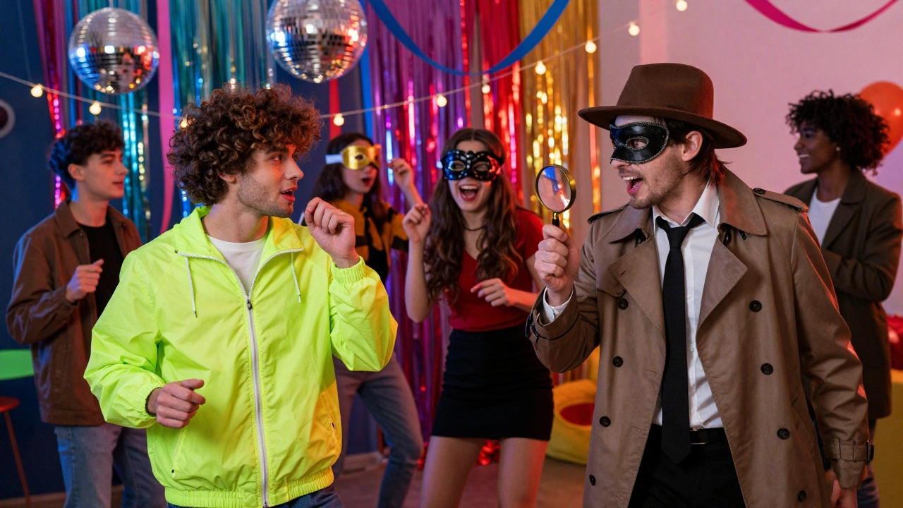 Lively themed costume party with guests in eclectic outfits