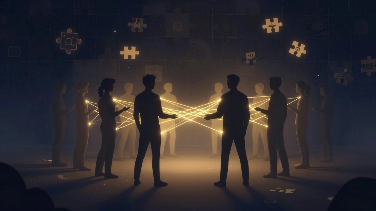 Silhouettes of team connected by glowing threads in abstract art