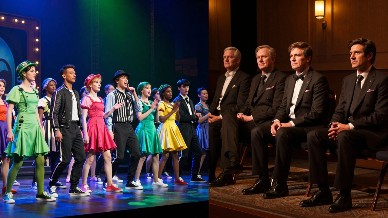 Split view of casual Wicked audience vs formal drama audience