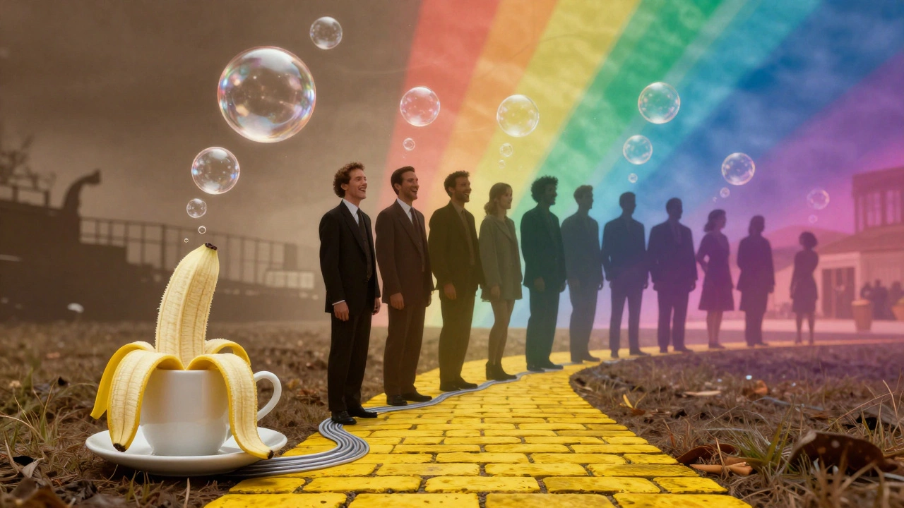 Surreal art blending classic sitcom icons with modern tech
